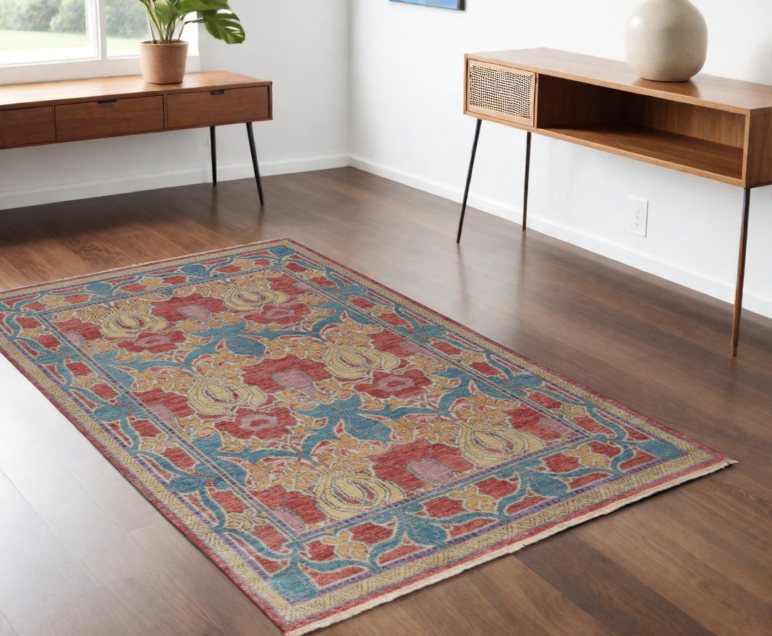 4 x 6 Blue Red & Yellow Wool Oriental Hand Knotted Rug