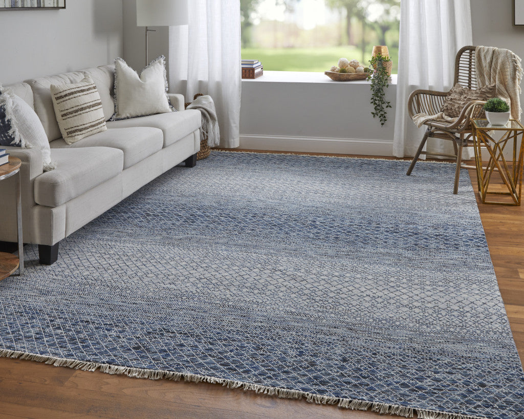 8 x 10 Ivory Gray & Blue Wool Hand Knotted Rug With Fringe
