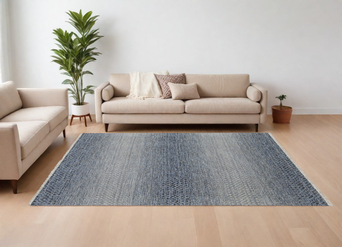 8 x 10 Ivory Gray & Blue Wool Hand Knotted Rug With Fringe