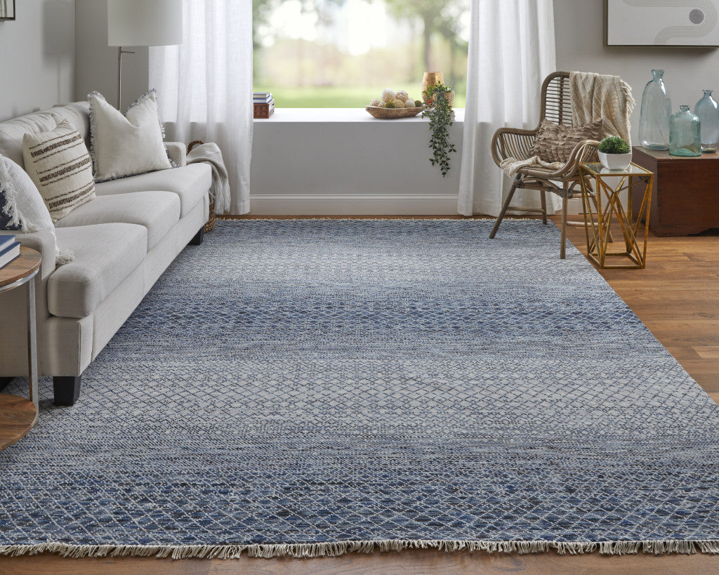 8 x 10 Ivory Gray & Blue Wool Hand Knotted Rug With Fringe