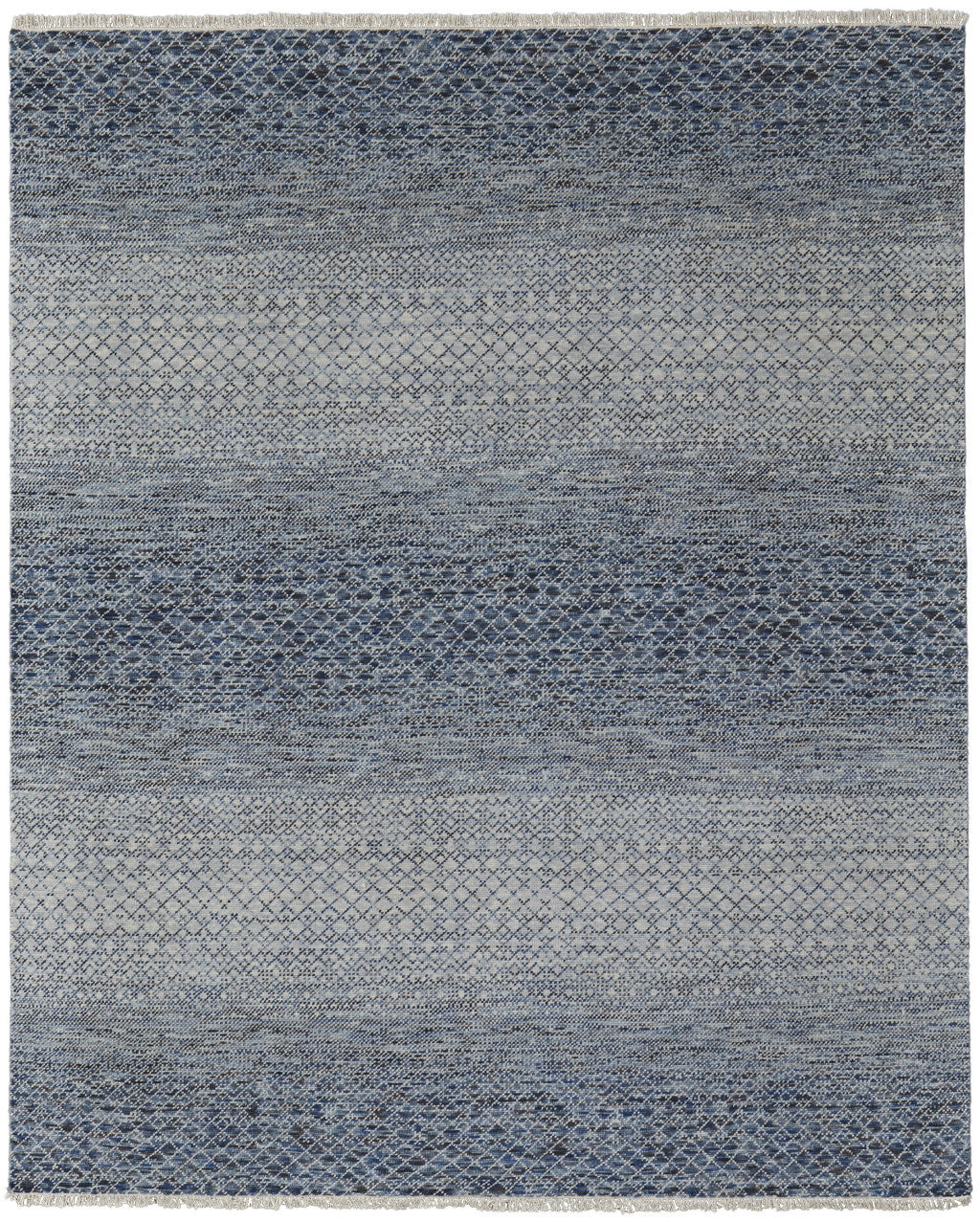 8 x 10 Ivory Gray & Blue Wool Hand Knotted Rug With Fringe