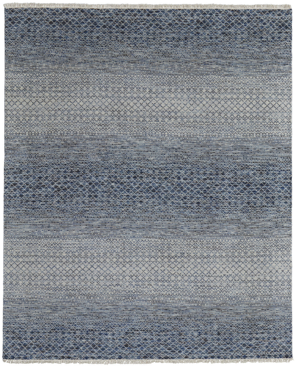 8 x 10 Ivory Gray & Blue Wool Hand Knotted Rug With Fringe