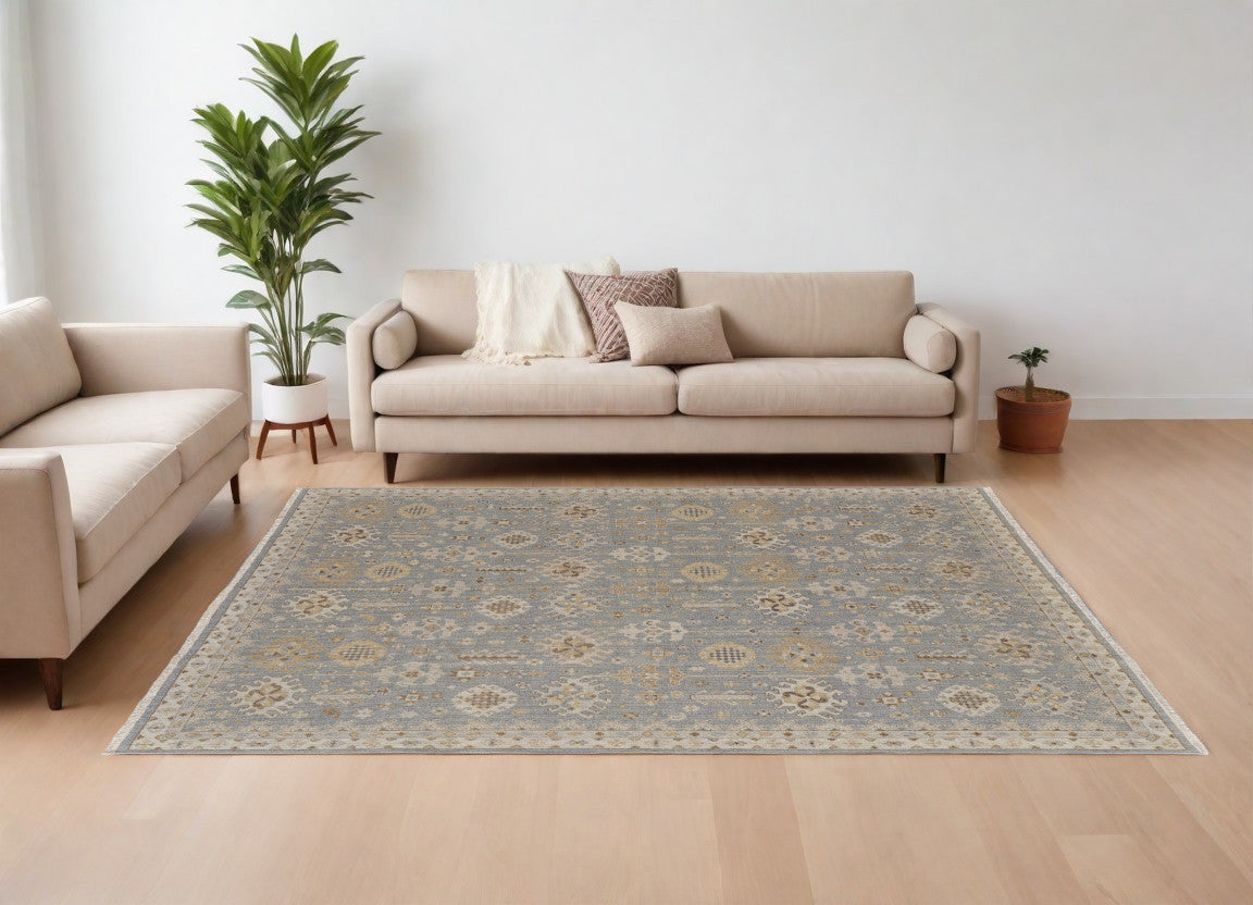 12 x 15 Gray & Ivory Wool Oriental Hand Knotted Rug With Fringe