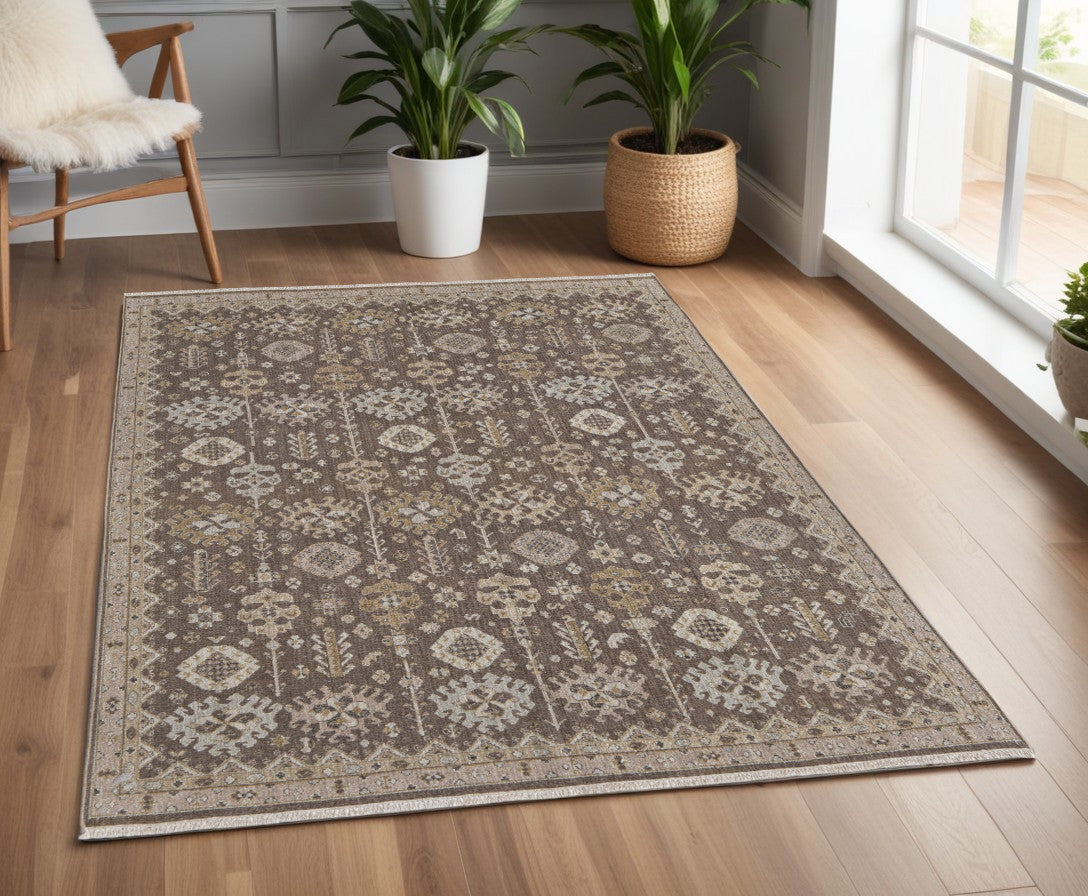 4 x 6 Tan & Brown Wool Oriental Hand Knotted Rug With Fringe