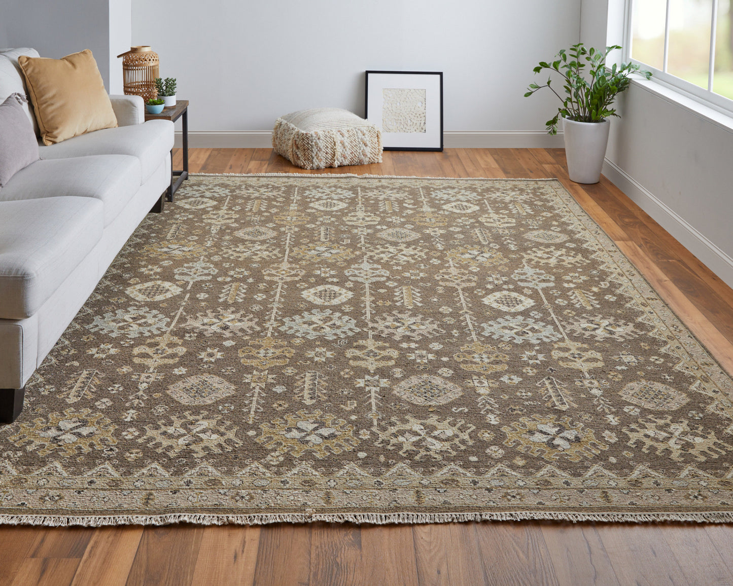 4 x 6 Tan & Brown Wool Oriental Hand Knotted Rug With Fringe