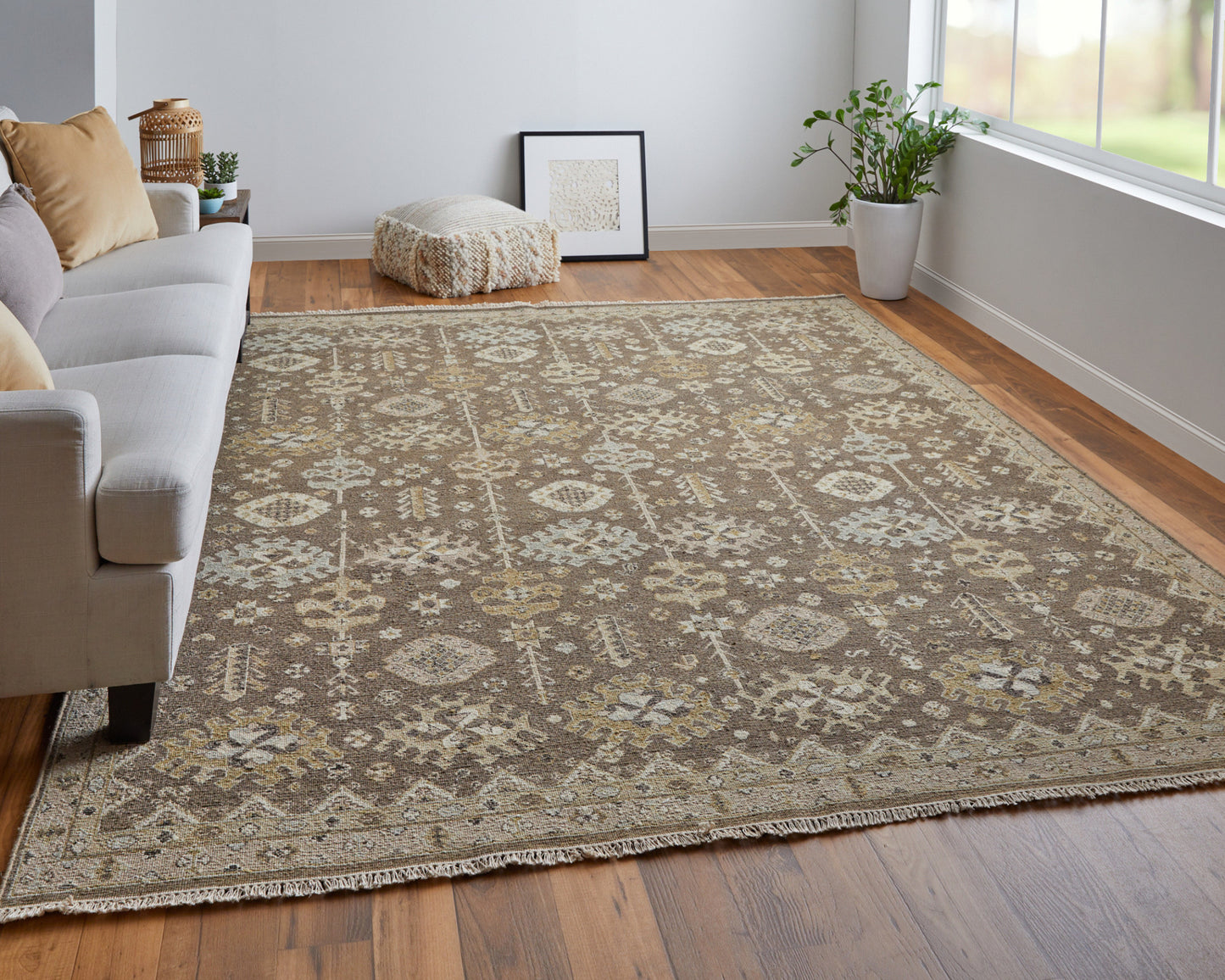 12 x 15 Tan & Brown Wool Oriental Hand Knotted Rug With Fringe