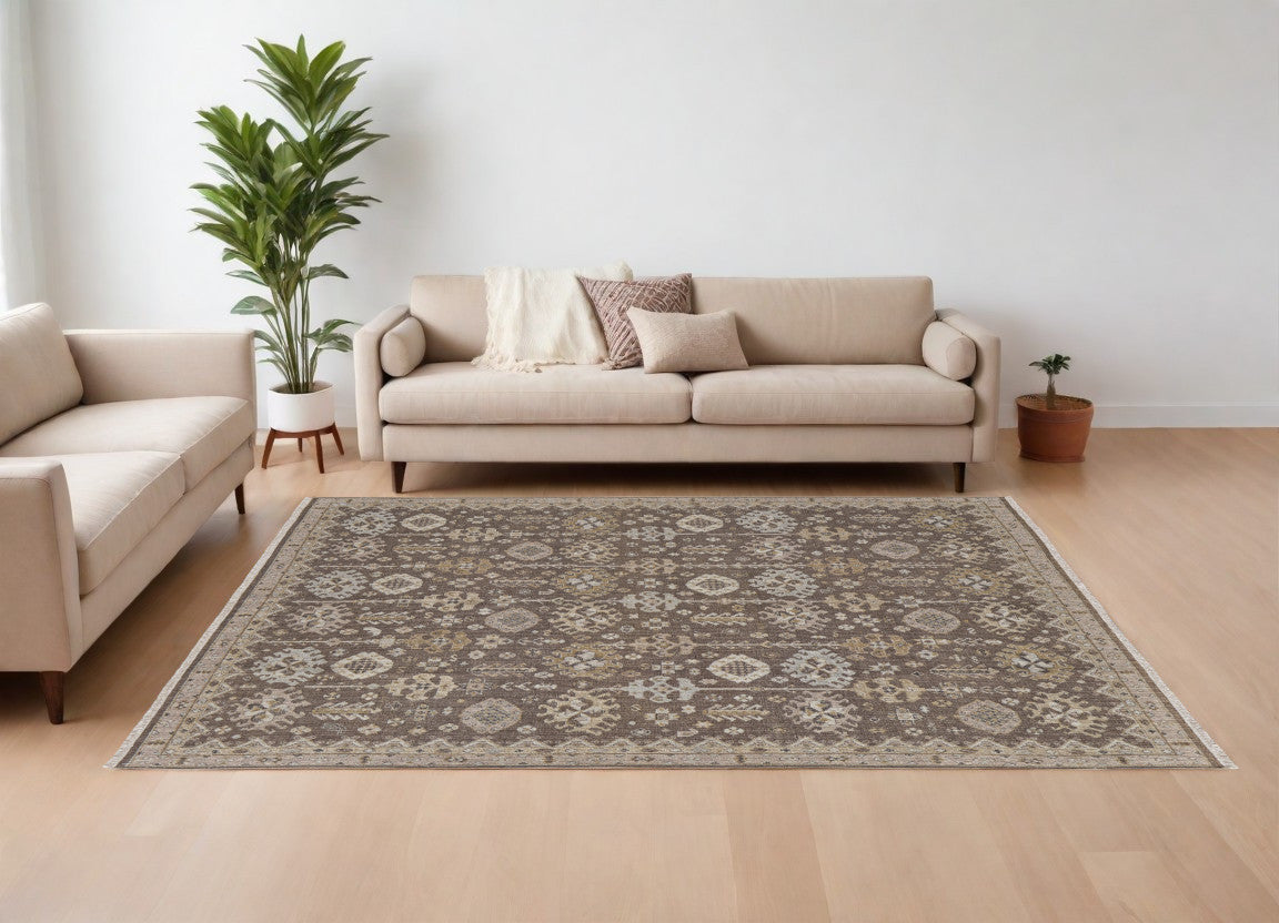 12 x 15 Tan & Brown Wool Oriental Hand Knotted Rug With Fringe