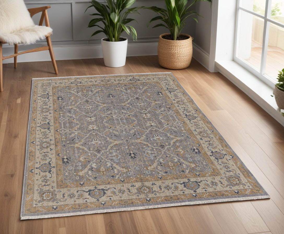 4 x 6 Tan & Gray Wool Oriental Hand Knotted Rug With Fringe