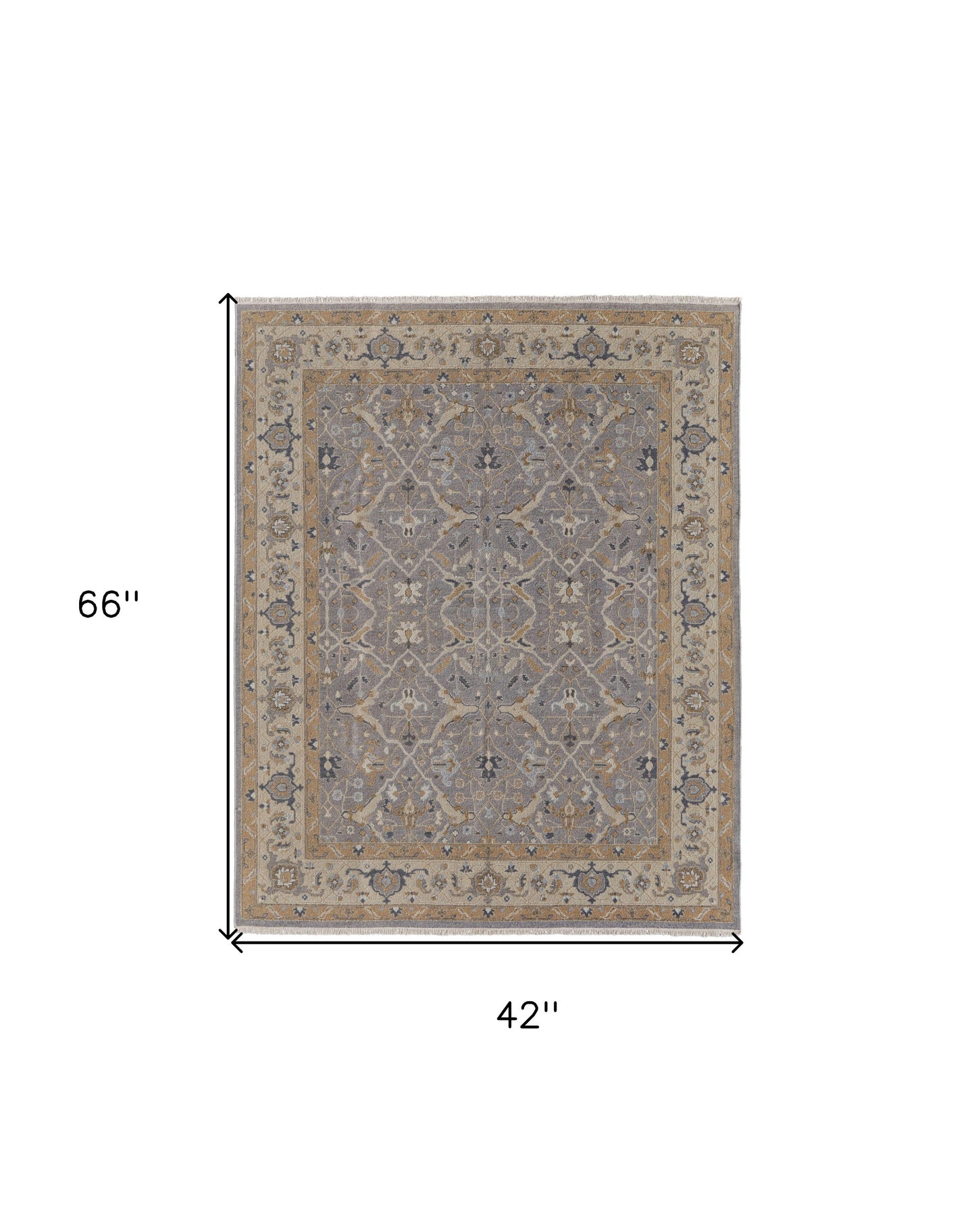4 x 6 Tan & Gray Wool Oriental Hand Knotted Rug With Fringe