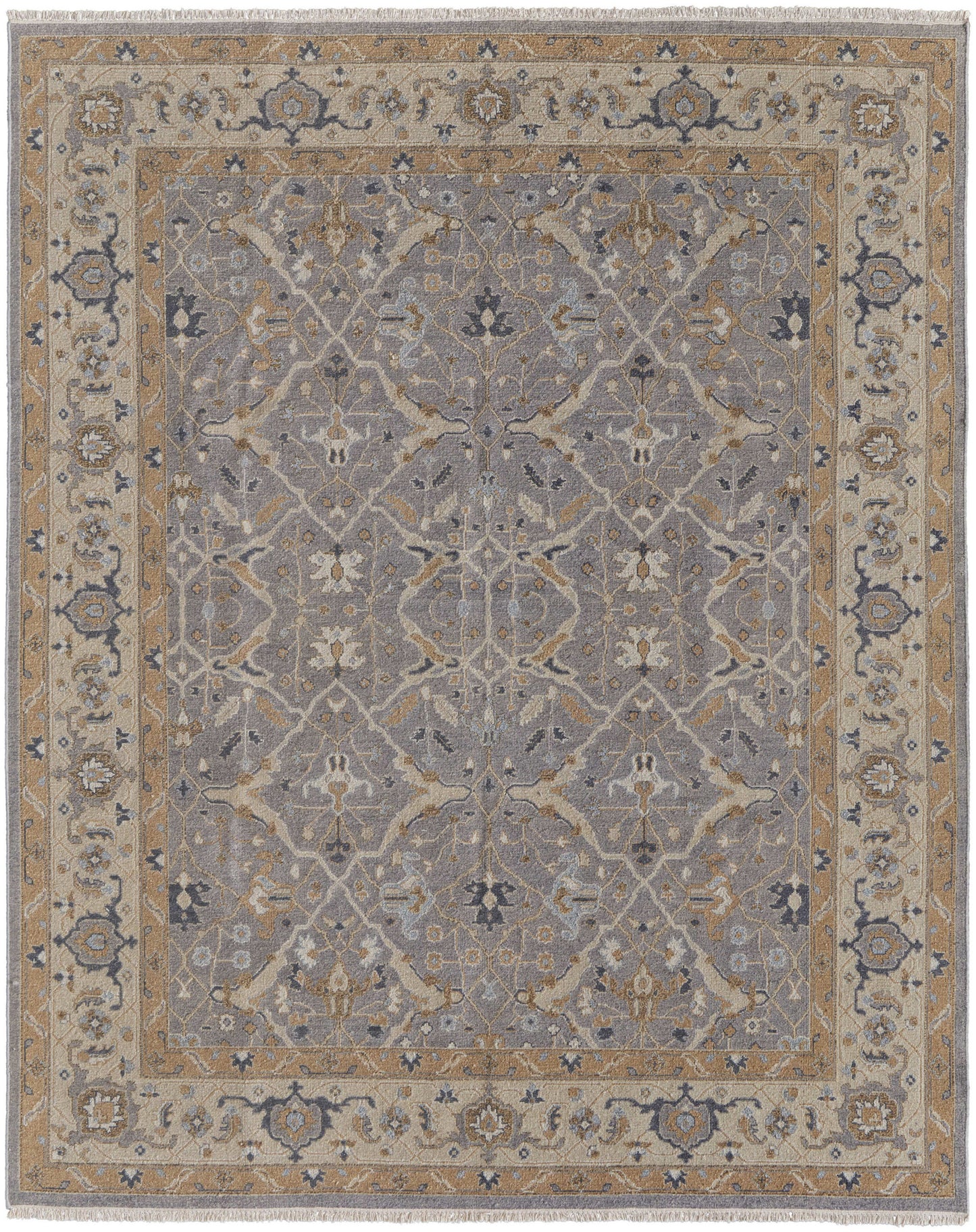 4 x 6 Tan & Gray Wool Oriental Hand Knotted Rug With Fringe