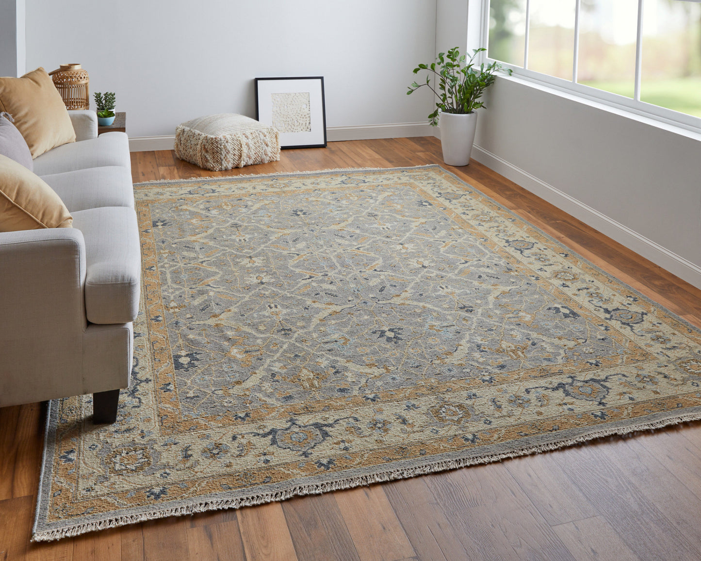 4 x 6 Tan & Gray Wool Oriental Hand Knotted Rug With Fringe