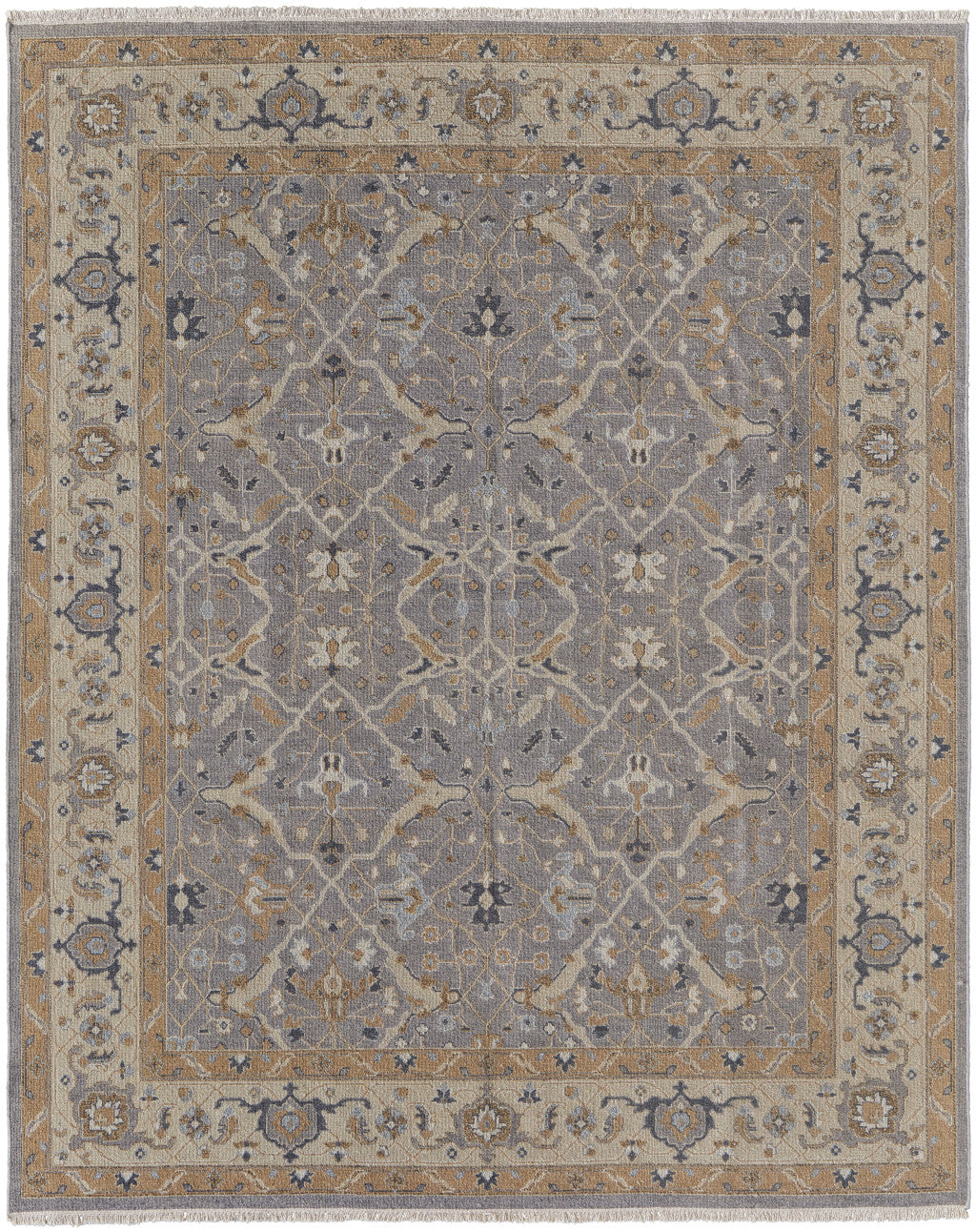 4 x 6 Ivory Gray & Tan Wool Oriental Hand Knotted Rug With Fringe