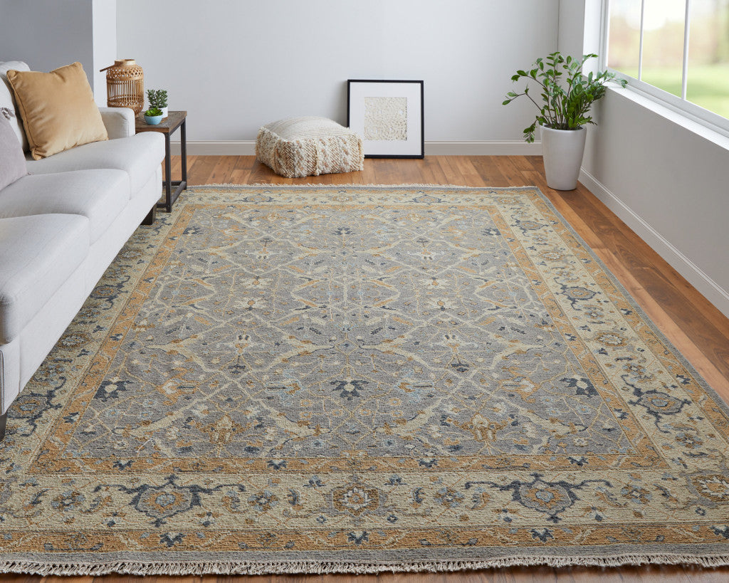 4 x 6 Ivory Gray & Tan Wool Oriental Hand Knotted Rug With Fringe