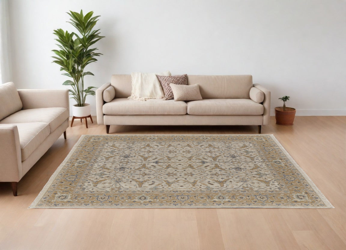 8 x 10 Ivory Gray & Tan Wool Oriental Hand Knotted Rug With Fringe