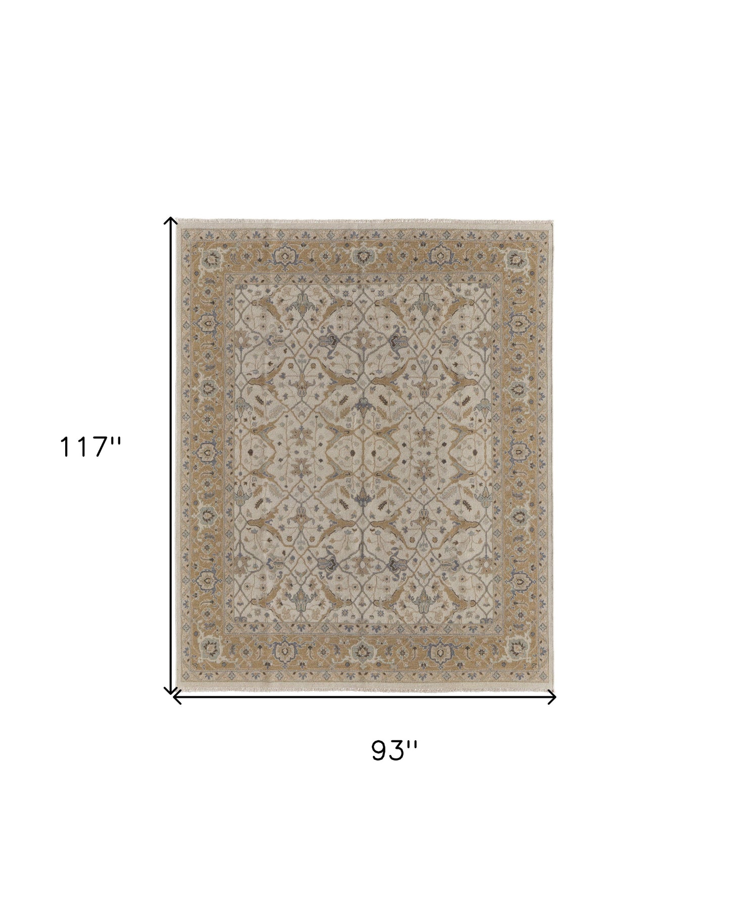 8 x 10 Ivory Gray & Tan Wool Oriental Hand Knotted Rug With Fringe