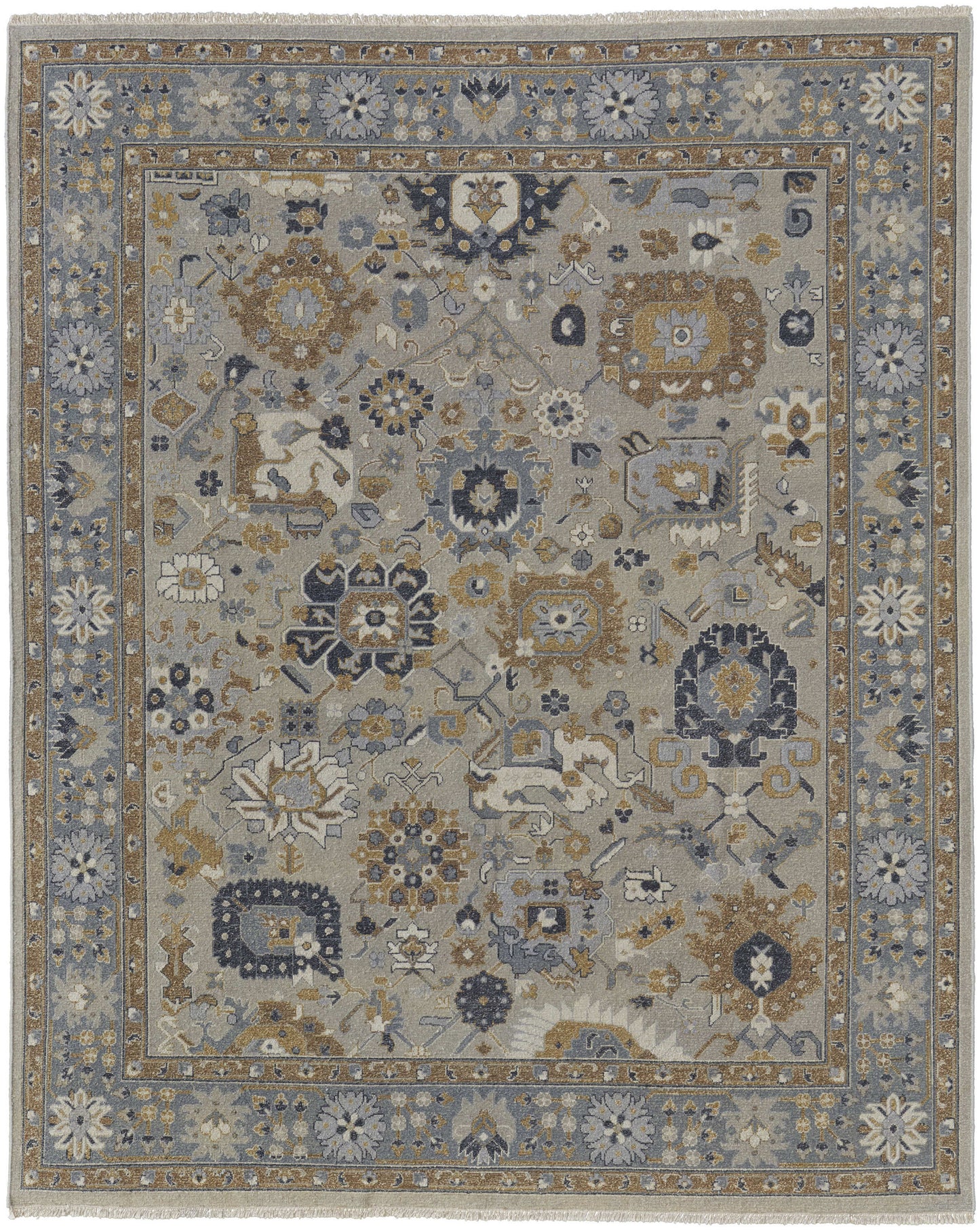 12 x 15 Gray & Brown Wool Oriental Hand Knotted Rug With Fringe
