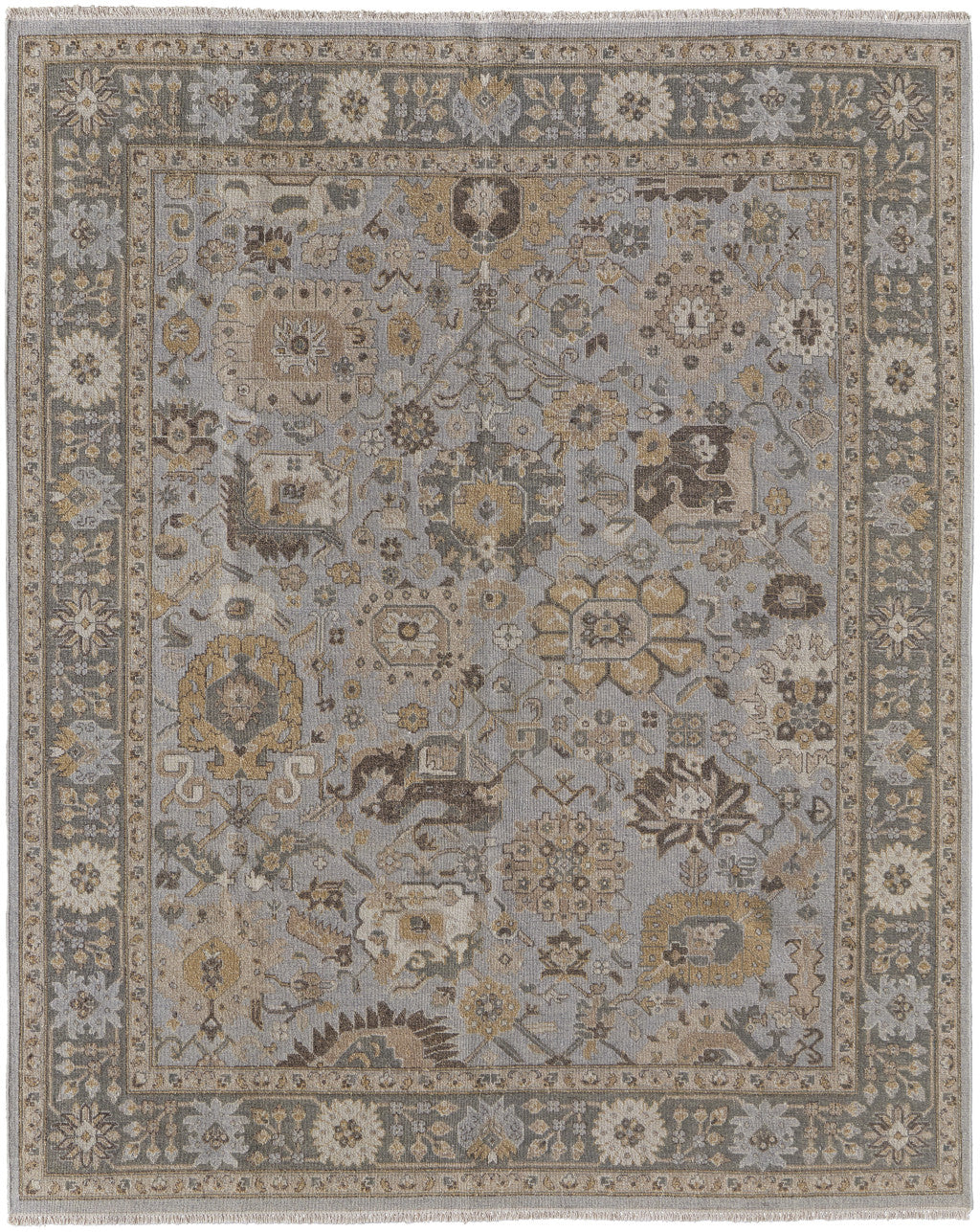 12 x 15 Gray & Brown Wool Oriental Hand Knotted Rug With Fringe