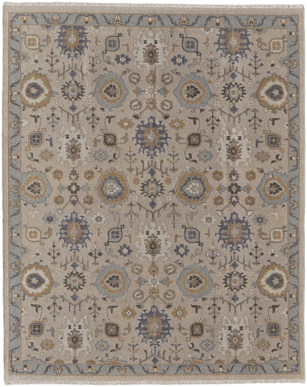 12 x 15 Tan Brown & Gray Wool Oriental Hand Knotted Rug With Fringe