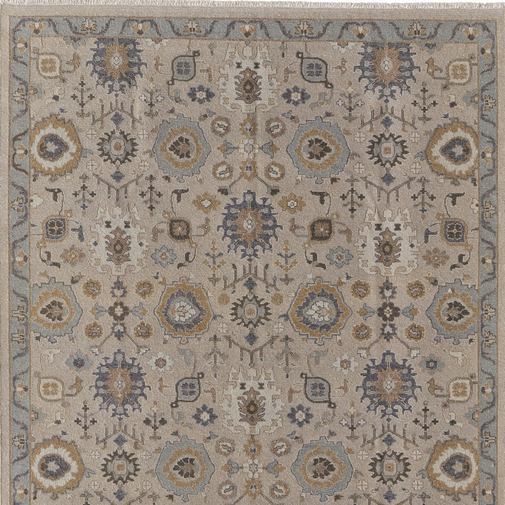 12 x 15 Tan Brown & Gray Wool Oriental Hand Knotted Rug With Fringe