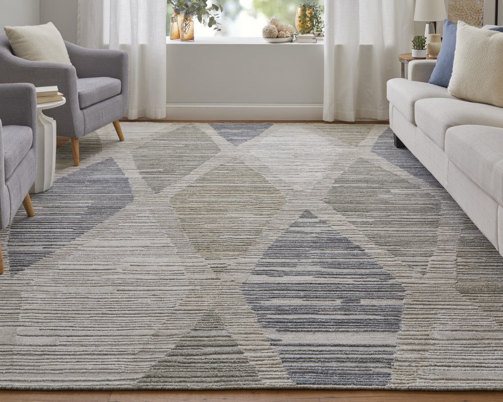 9 x 12 Ivory & Blue Geometric Hand Woven Rug