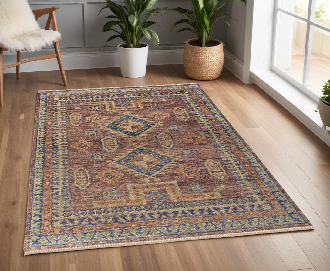 4 x 6 Blue Red & Tan Wool Geometric Hand Knotted Rug With Fringe