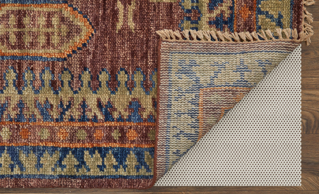 8 x 10 Blue Red & Tan Wool Geometric Hand Knotted Rug With Fringe