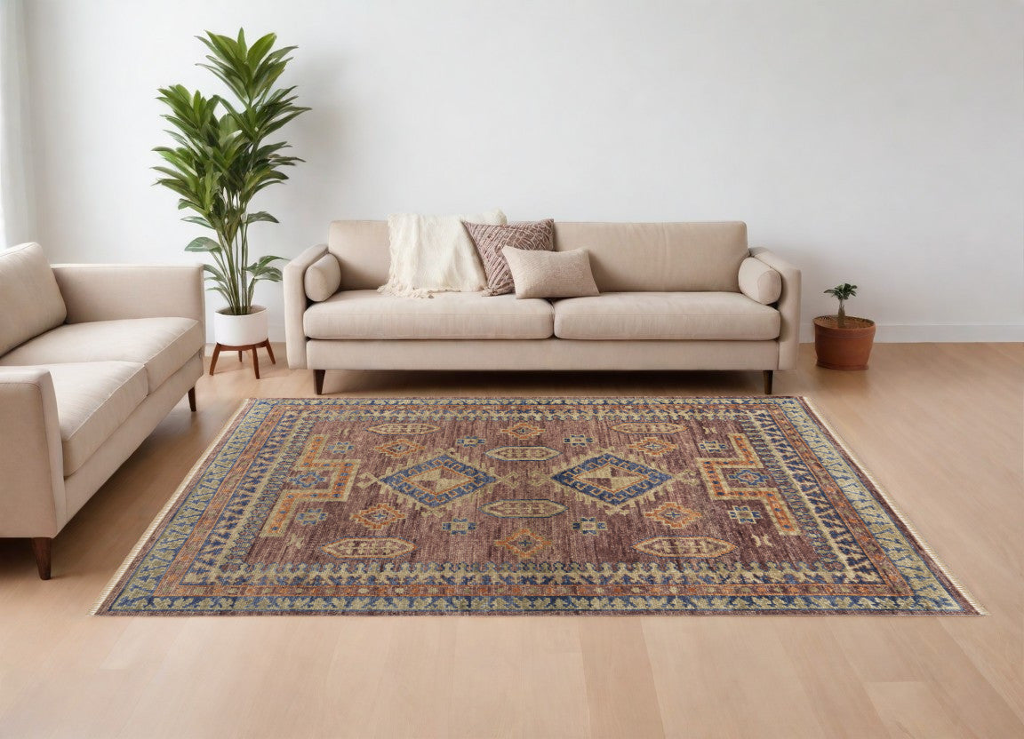 9 x 12 Blue Red & Tan Wool Geometric Hand Knotted Rug With Fringe