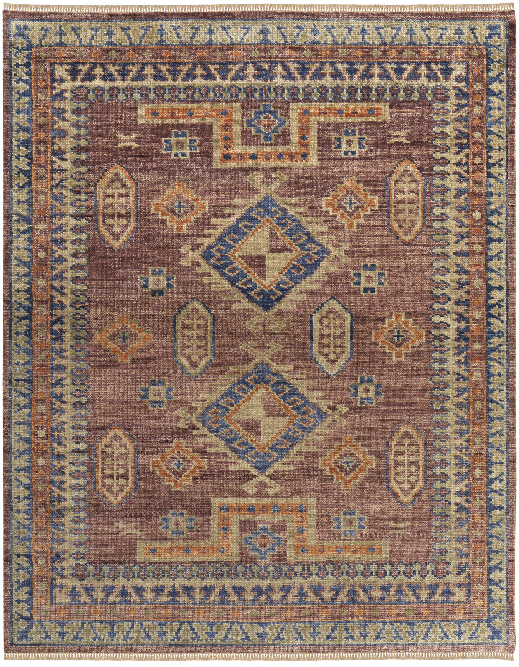 9 x 12 Blue Red & Tan Wool Geometric Hand Knotted Rug With Fringe