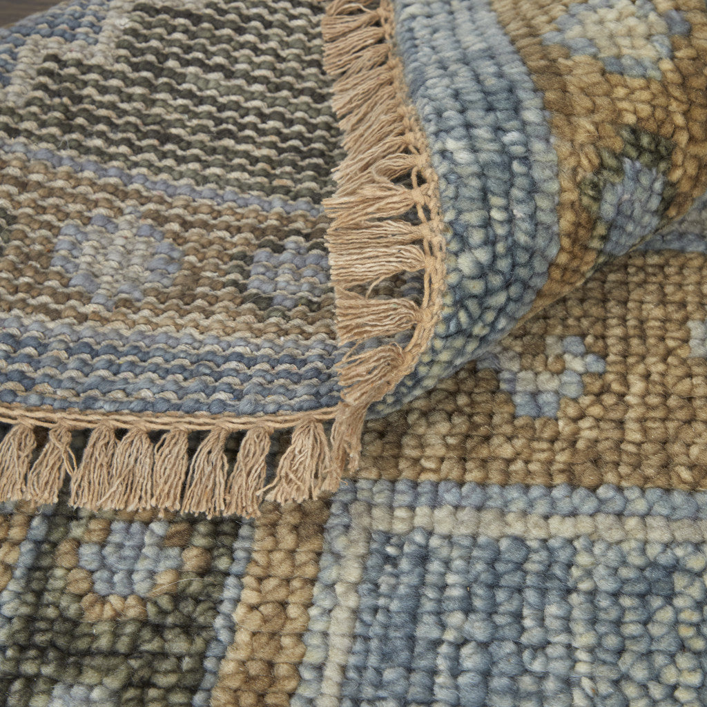 9 x 12 Ivory Tan & Blue Wool Oriental Hand Knotted Rug With Fringe