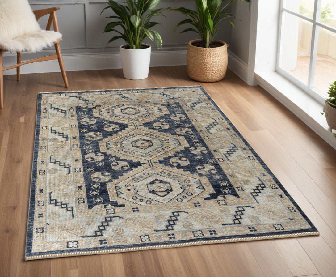 4 x 6 Blue & Ivory Wool Geometric Hand Knotted Rug With Fringe