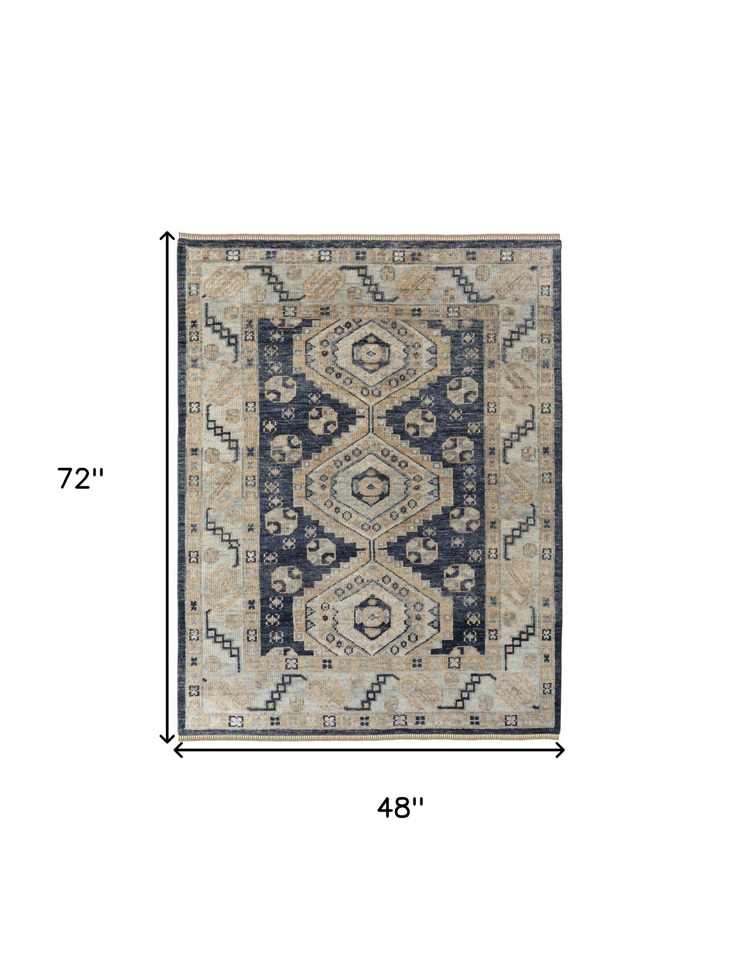4 x 6 Blue & Ivory Wool Geometric Hand Knotted Rug With Fringe