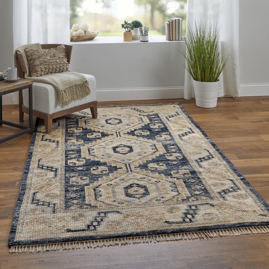 8 x 10 Blue & Ivory Wool Geometric Hand Knotted Rug With Fringe