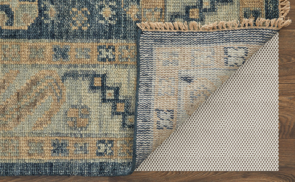 9 x 12 Blue & Ivory Wool Geometric Hand Knotted Rug With Fringe