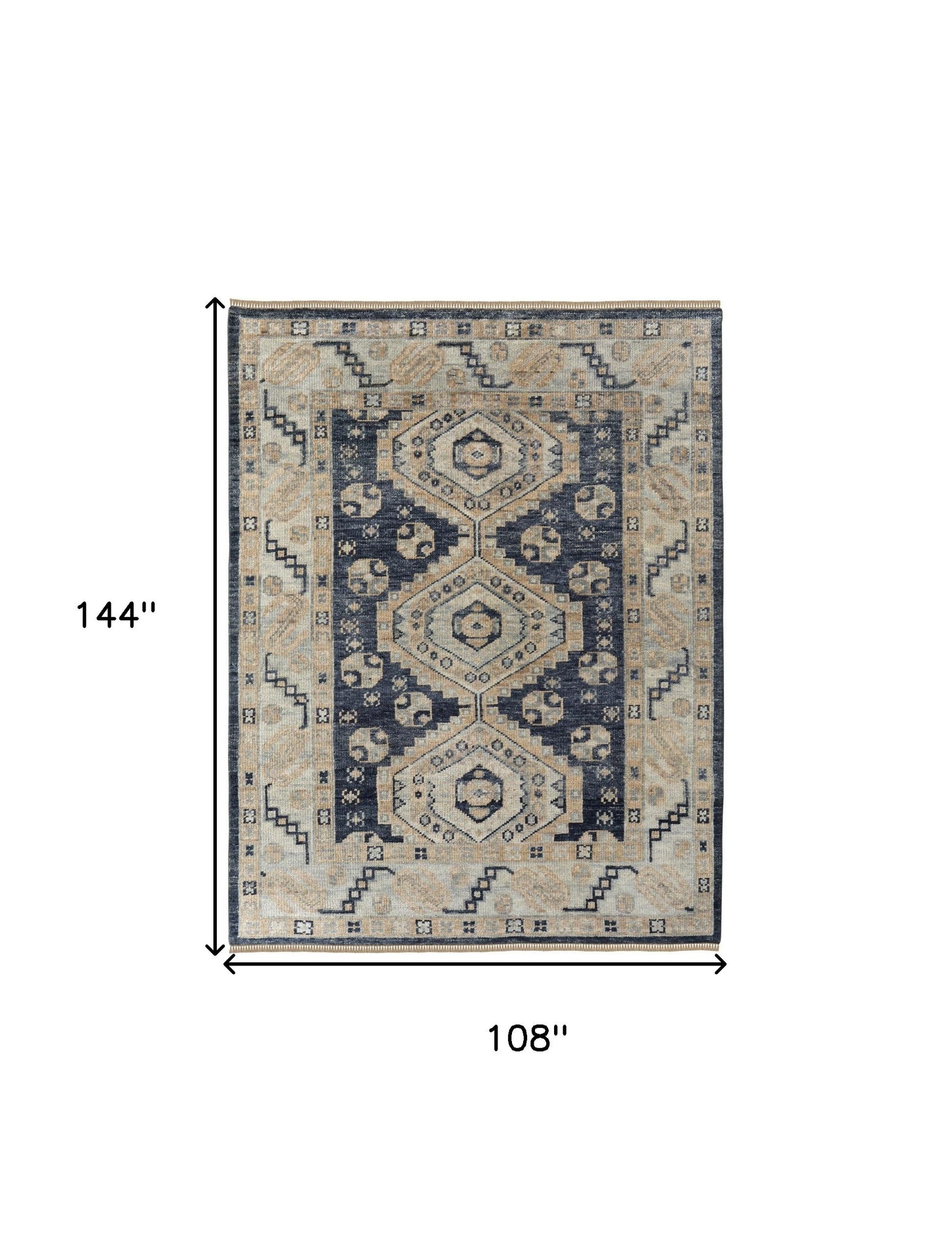 9 x 12 Blue & Ivory Wool Geometric Hand Knotted Rug With Fringe