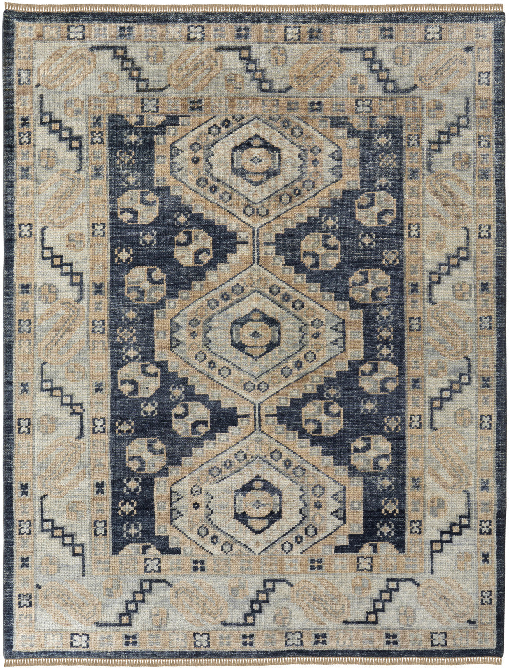 9 x 12 Blue & Ivory Wool Geometric Hand Knotted Rug With Fringe