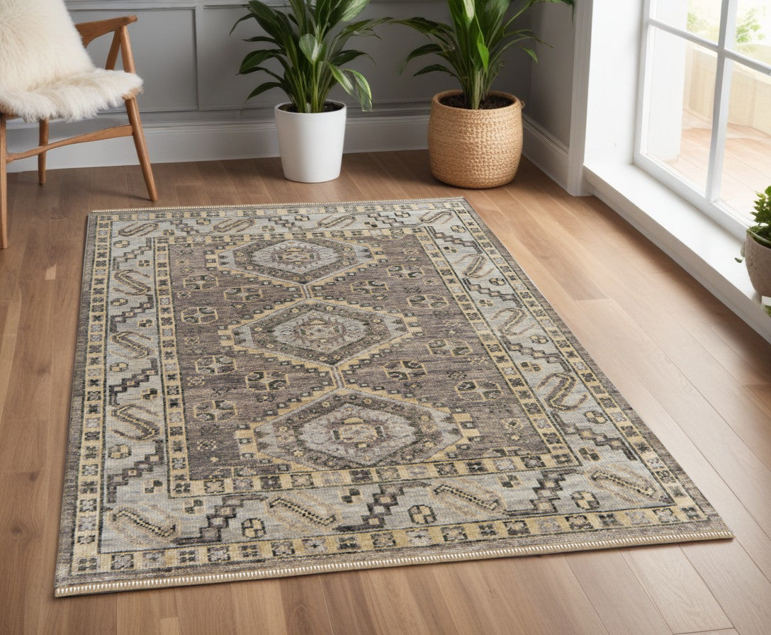 4 x 6 Gray & Brown Wool Geometric Hand Knotted Rug With Fringe