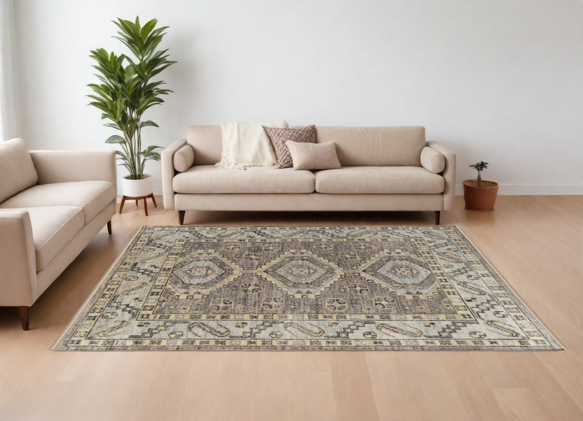 9 x 12 Gray & Brown Wool Geometric Hand Knotted Rug With Fringe