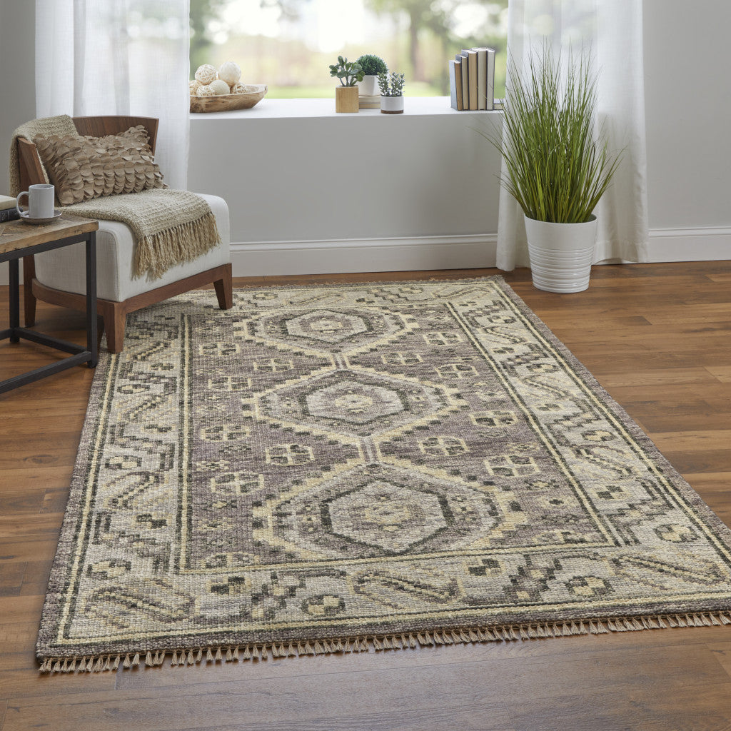 9 x 12 Gray & Brown Wool Geometric Hand Knotted Rug With Fringe