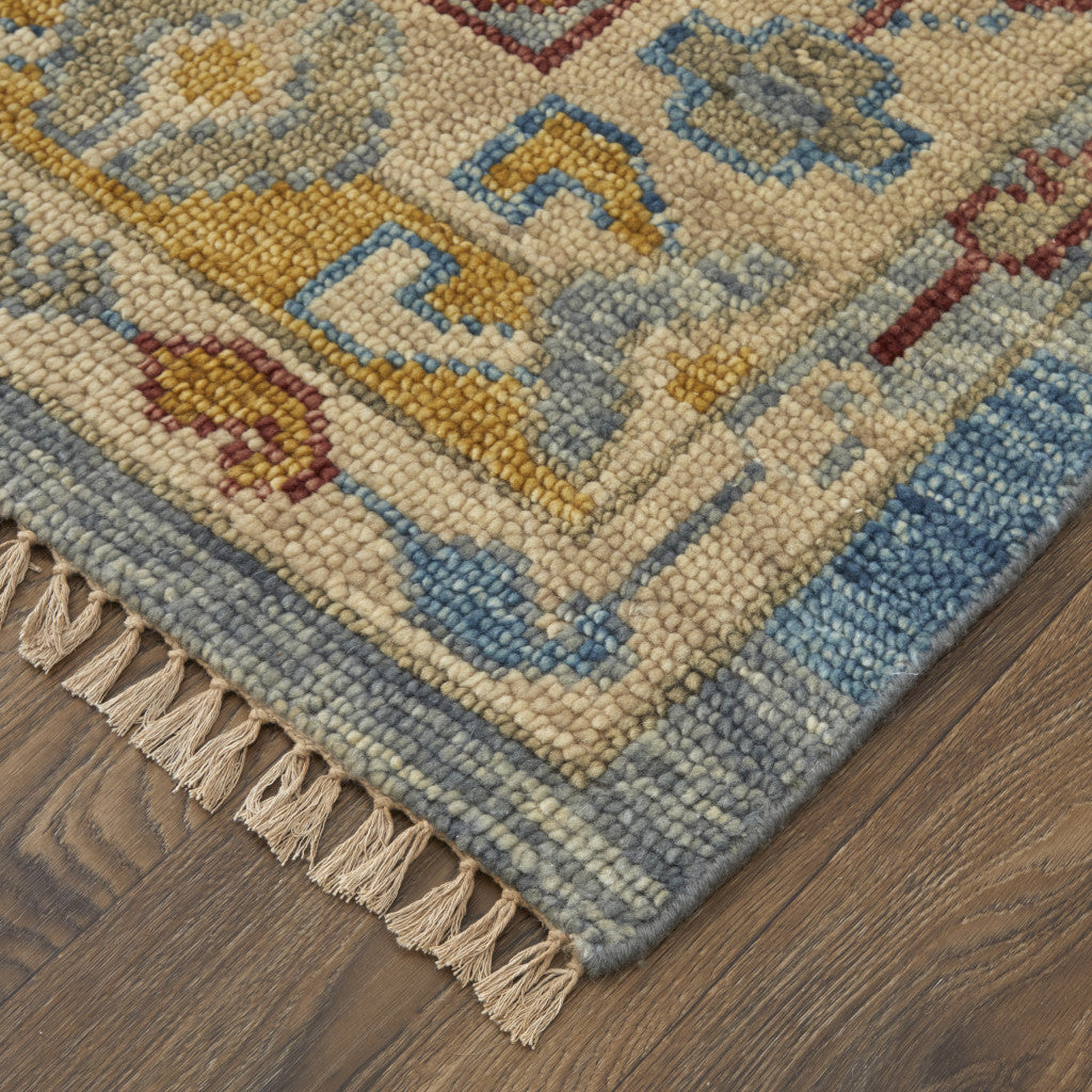 4 x 6 Blue Red & Yellow Wool Geometric Hand Knotted Rug With Fringe