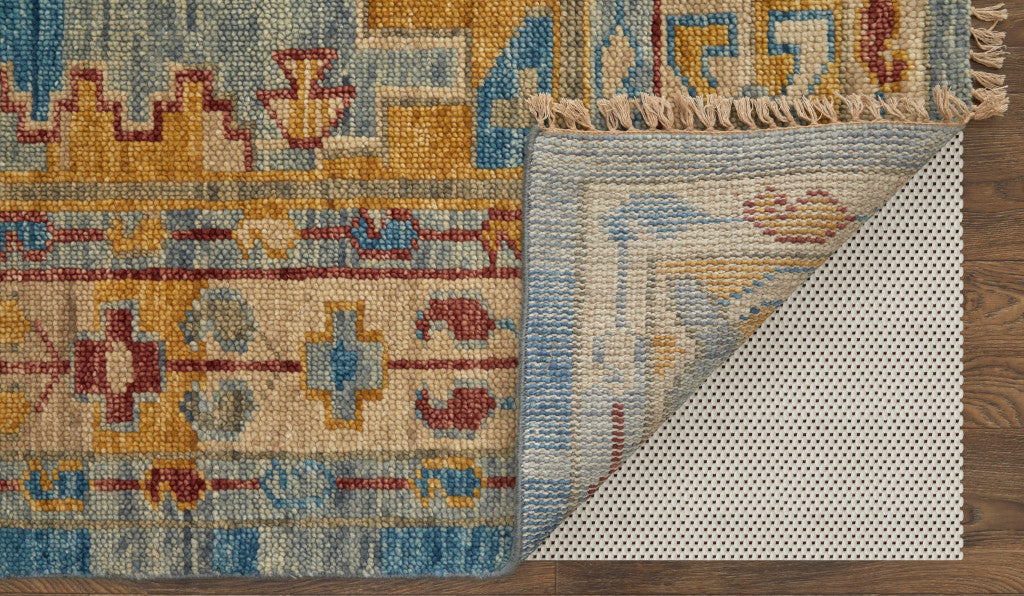 4 x 6 Blue Red & Yellow Wool Geometric Hand Knotted Rug With Fringe