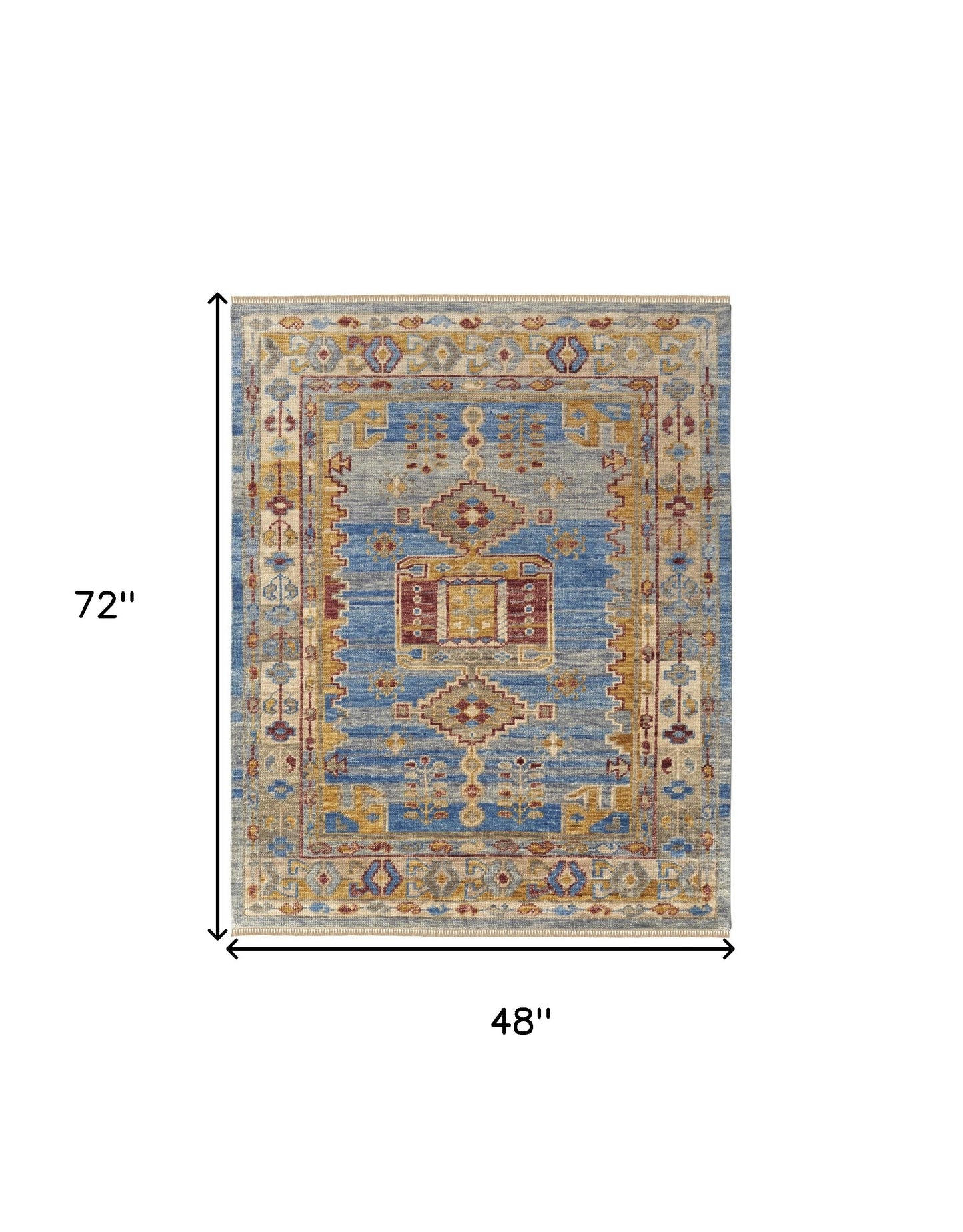 4 x 6 Blue Red & Yellow Wool Geometric Hand Knotted Rug With Fringe