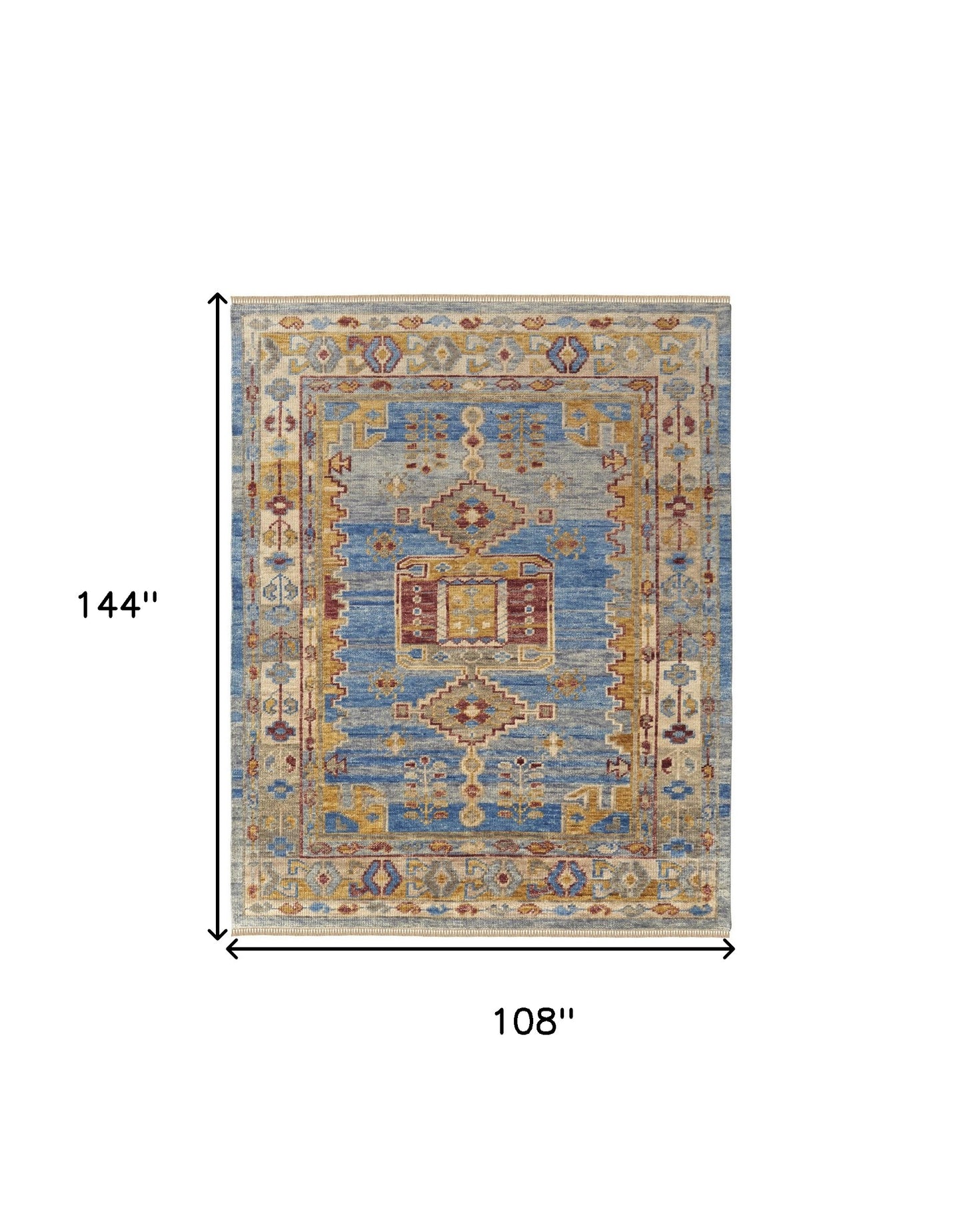 9 x 12 Blue Red & Yellow Wool Geometric Hand Knotted Rug With Fringe