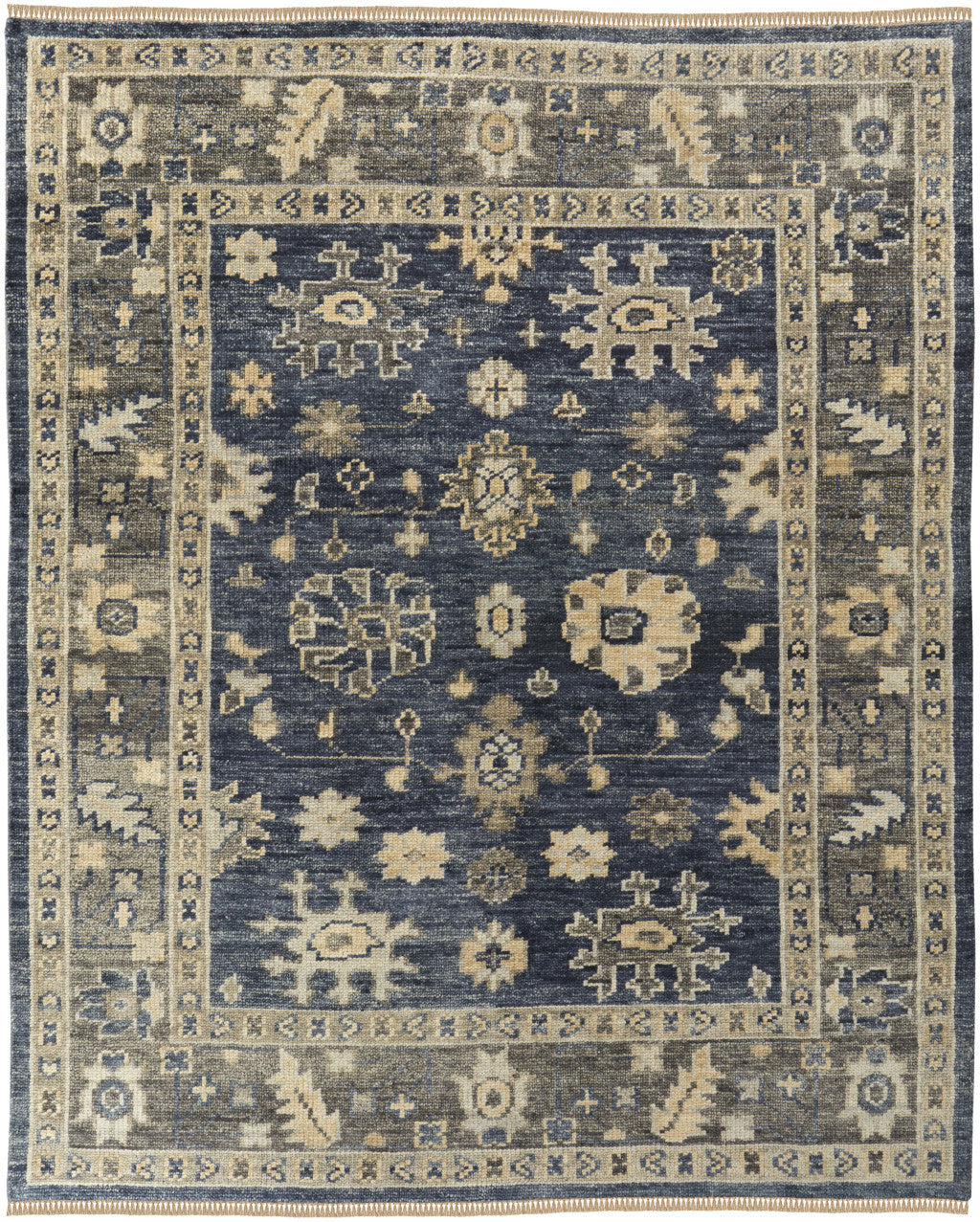 8 x 10 Blue & Gray Wool Floral Hand Knotted Rug With Fringe