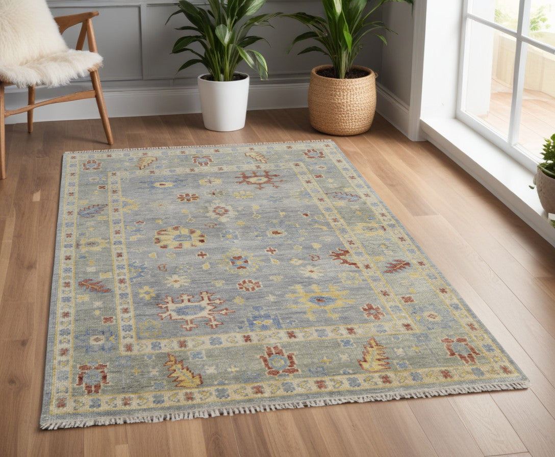 4 x 6 Light Blue & Taupe Wool Floral Hand Knotted Rug With Fringe