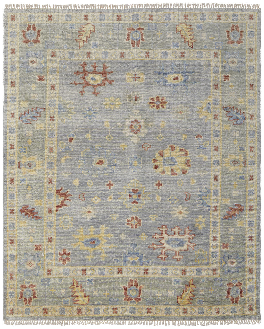 8 x 10 Light Blue & Taupe Wool Floral Hand Knotted Rug With Fringe