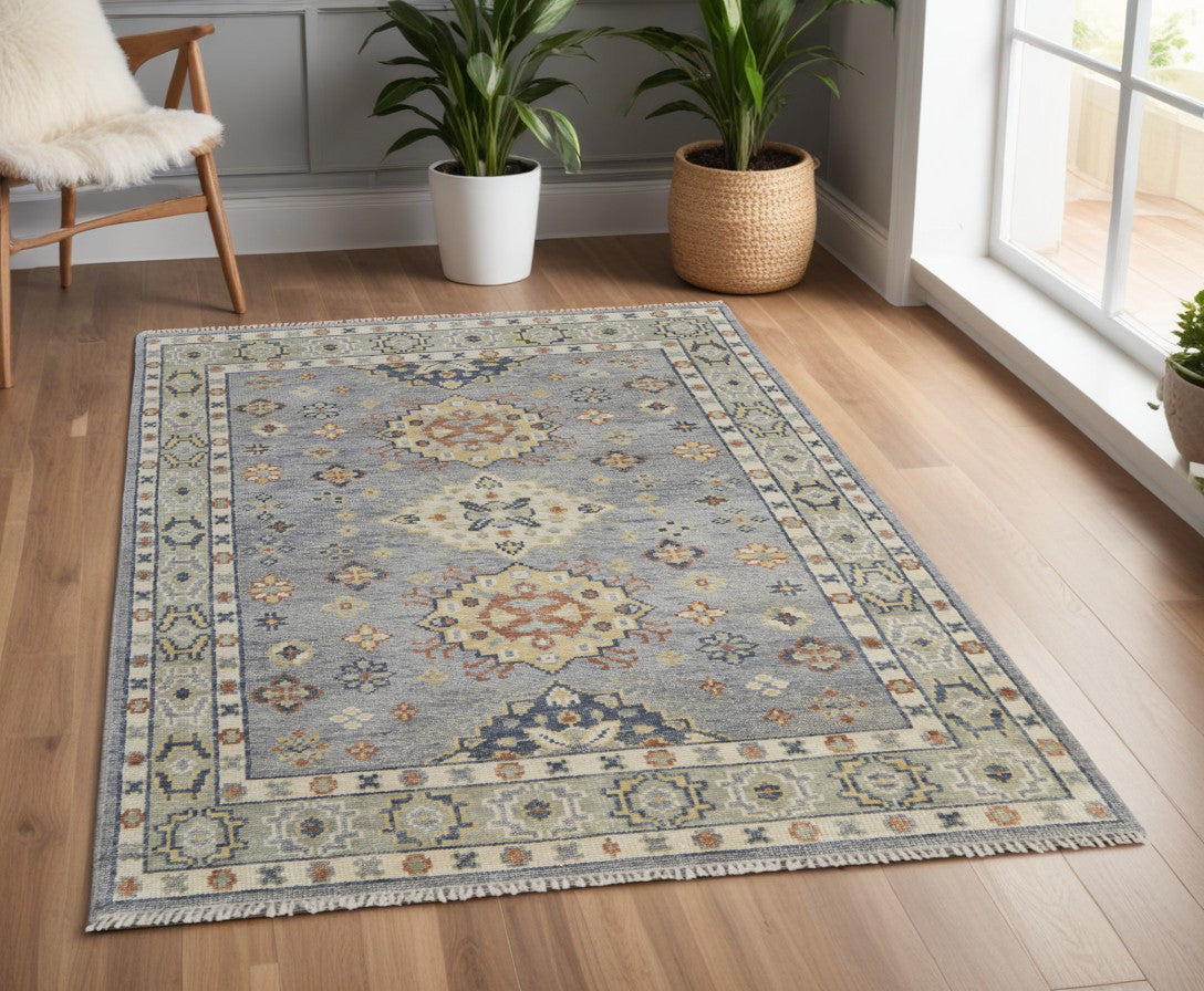 4 x 6 Gray Blue & Taupe Wool Geometric Hand Knotted Rug With Fringe