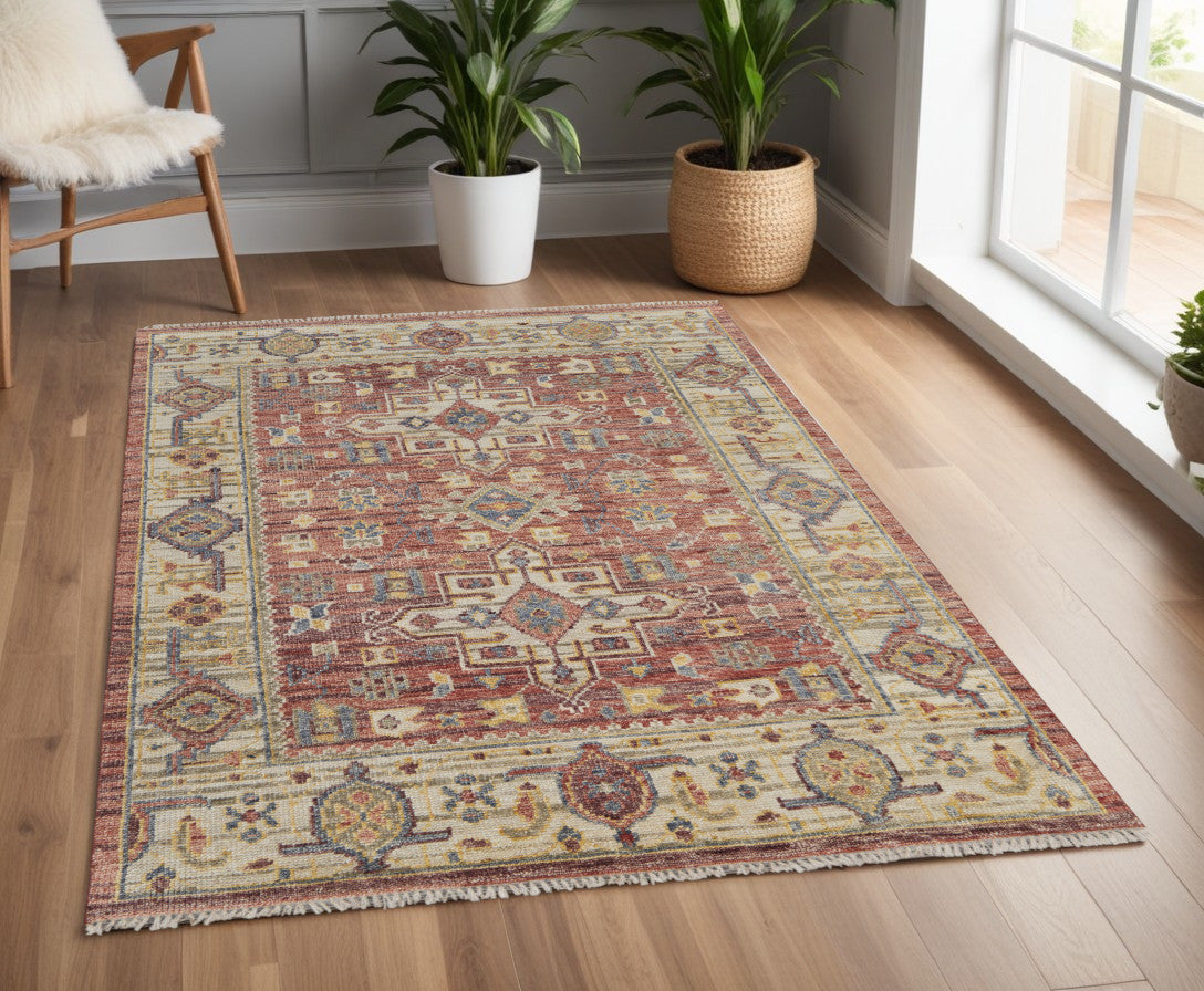 4 x 6 Ivory Red & Gold Wool Oriental Hand Knotted Rug With Fringe