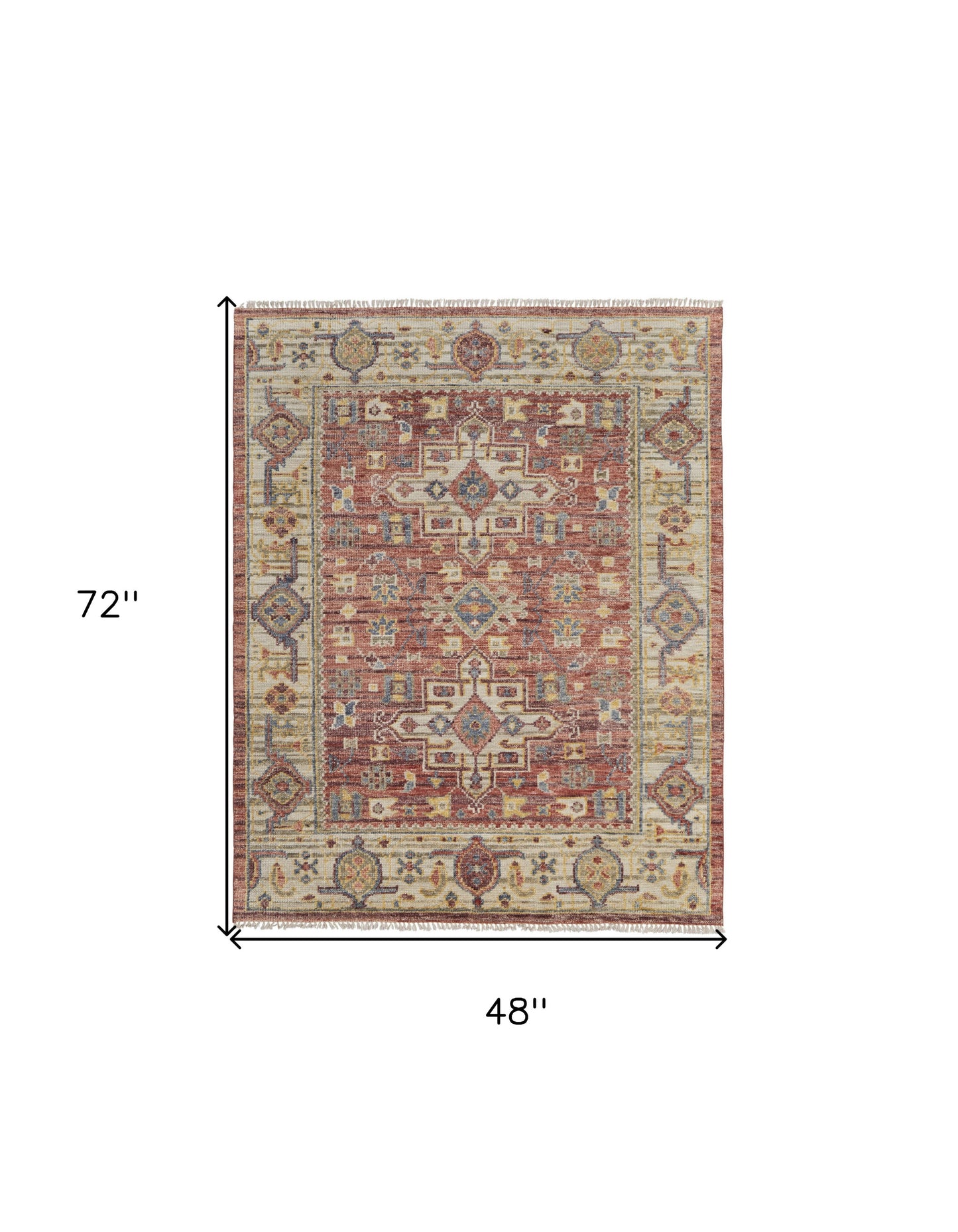 4 x 6 Ivory Red & Gold Wool Oriental Hand Knotted Rug With Fringe