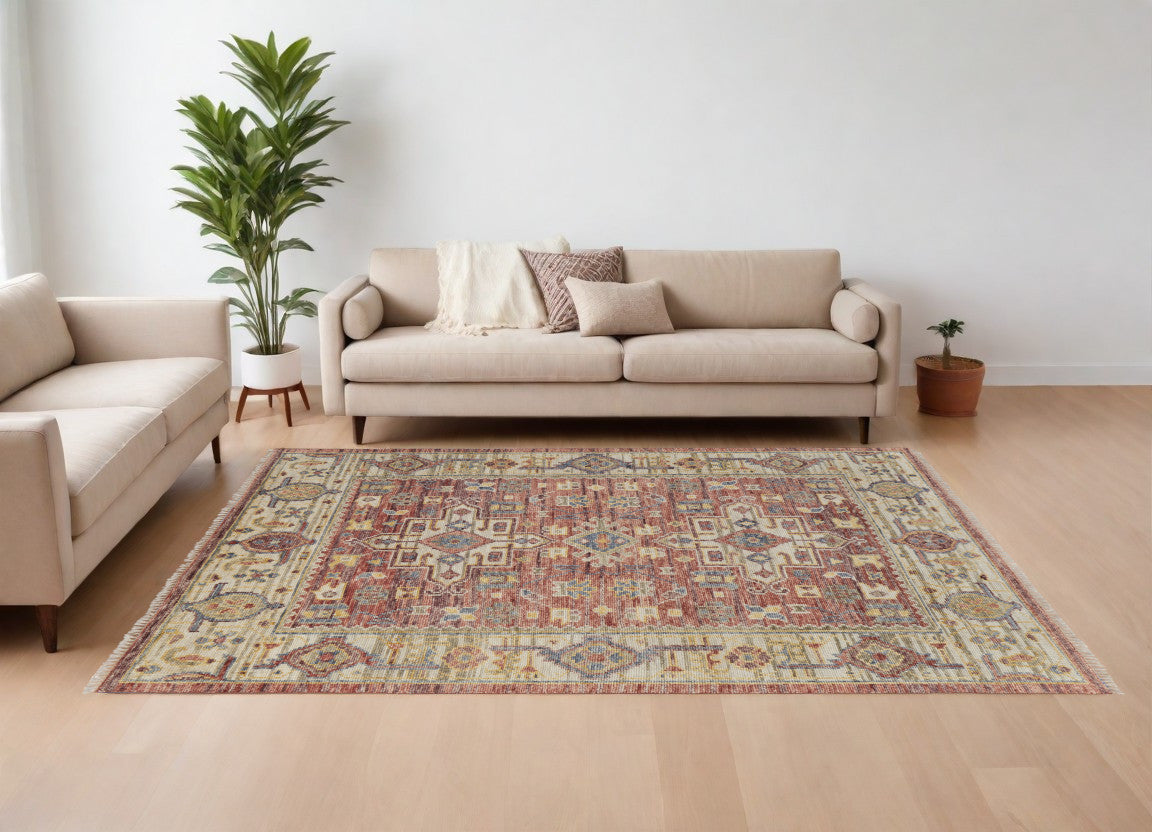 8 x 10 Ivory Red & Gold Wool Oriental Hand Knotted Rug With Fringe
