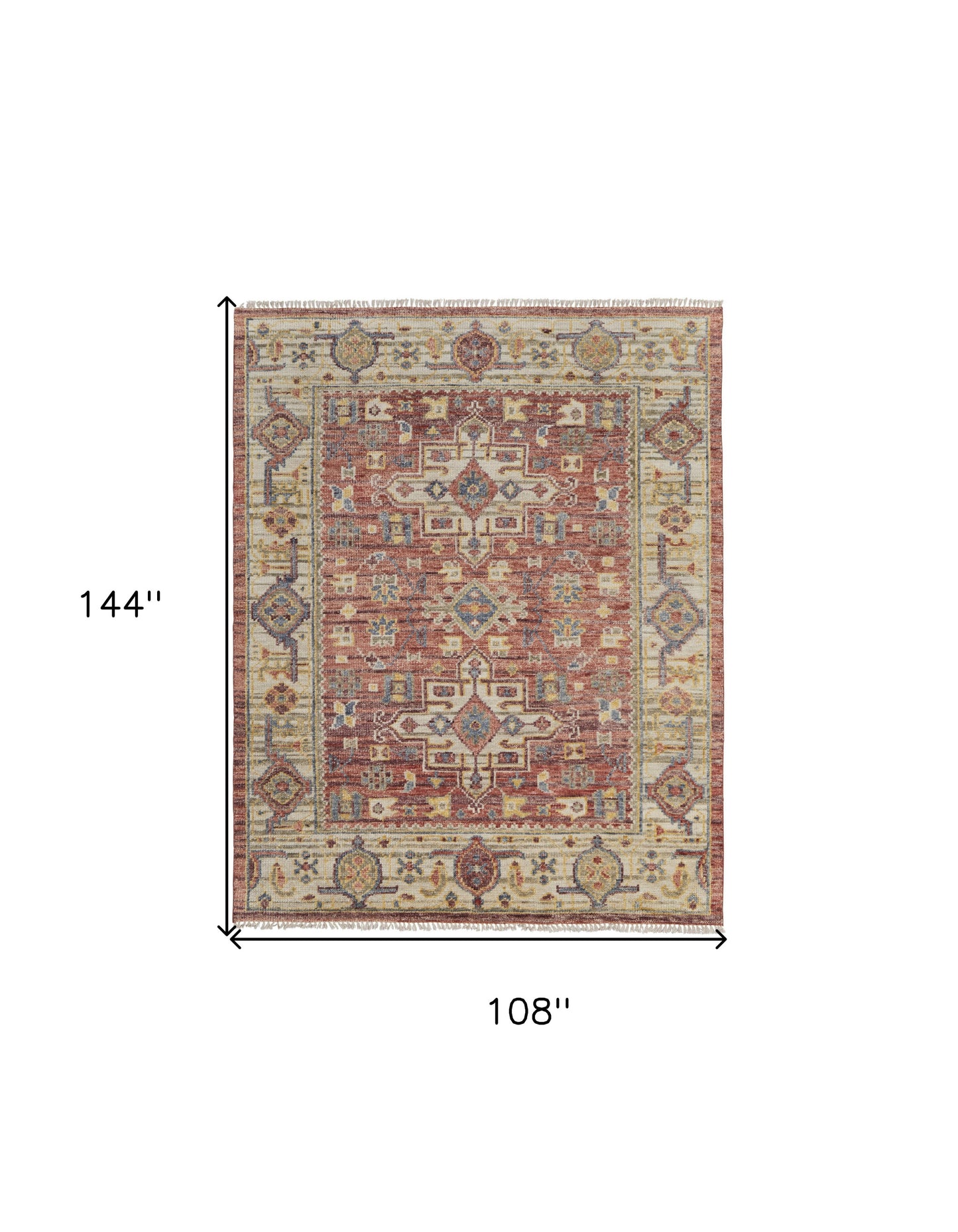 9 x 12 Ivory Red & Gold Wool Oriental Hand Knotted Rug With Fringe